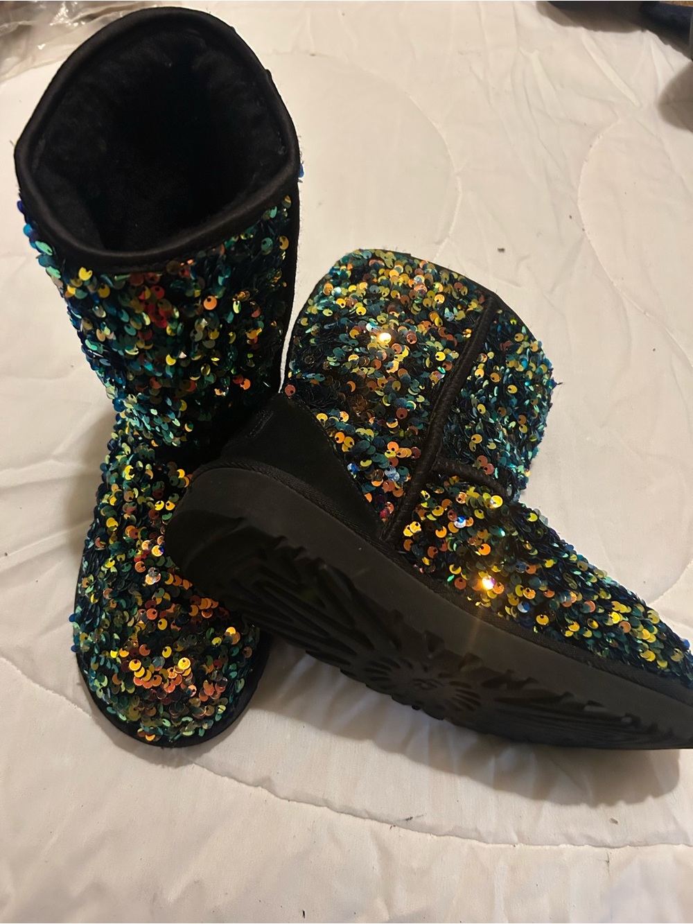 UGG Black Sequin Short Boots with Multi-Color Sequins